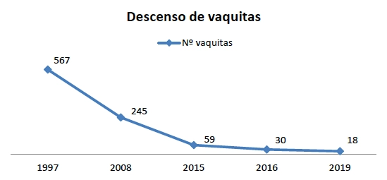 Vaquita marina: biología, estado y estrategias de conservación 6 Gráfico donde se observa el declive del nº de vaquitas desde el primer muestreo en 1997, hasta uno de los últimos en 2019. Fuente: Datos tomados de la web del programa VaquitaCPR.
